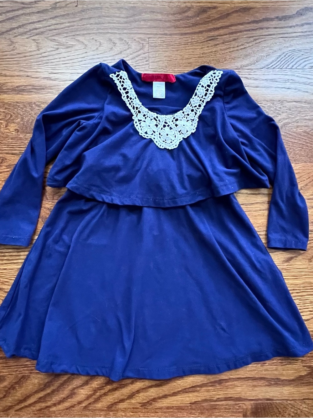 1st Kiss Navy Blue Long Sleeve Dress with Cream Lace Yoke